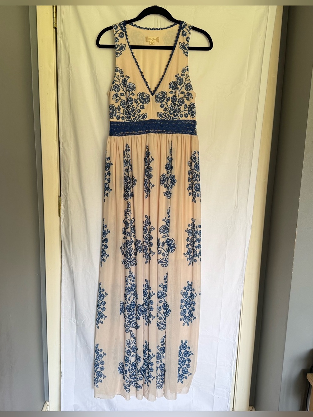 Altar'd State Cream Maxi Dress with Blue Floral Embroidery Size M